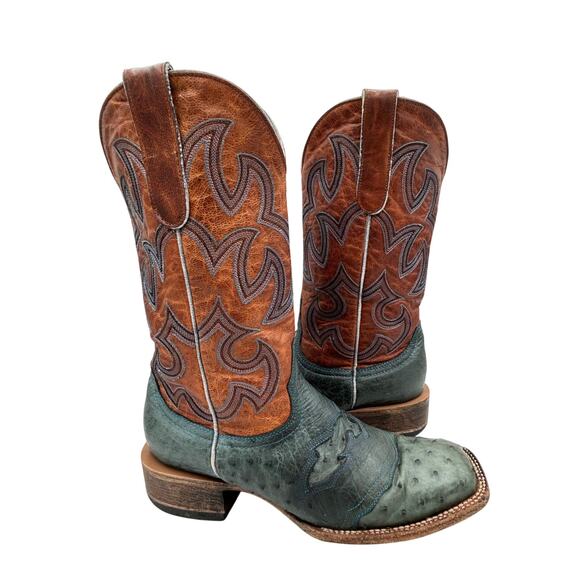 Cavenders Full Quill Ostrich Leather Cowboy Boots Square Toe Brown Blue Mens 8 main image 9